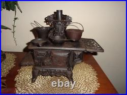 Mini Cast Iron Wood Cooking Stove Pots & Pans ANTIQUE Crescent SALESMAN Sample