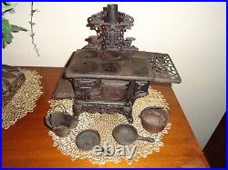 Mini Cast Iron Wood Cooking Stove Pots & Pans ANTIQUE Crescent SALESMAN Sample