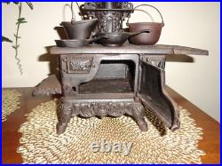 Mini Cast Iron Wood Cooking Stove Pots & Pans ANTIQUE Crescent SALESMAN Sample