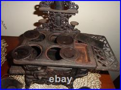 Mini Cast Iron Wood Cooking Stove Pots & Pans ANTIQUE Crescent SALESMAN Sample