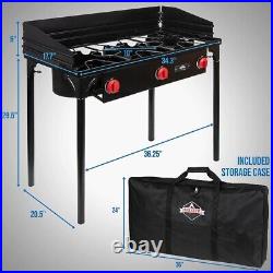 Outdoor Gas Stove Propane 3-Burners Cast Iron Portable Cooker Camping BBQ Grill