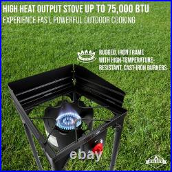 Portable 75,000 BTU Cast Iron Outdoor Gas Stove with Wind Panel & Storage Bag