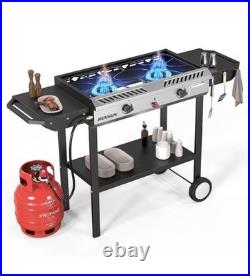 ROVSUN 2 Burner Outdoor Propane Gas Stove Ignition, Regulator & Shelf, 150,000