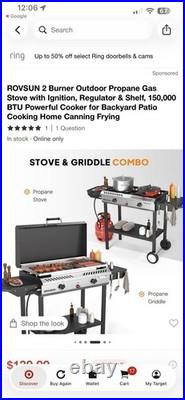 ROVSUN 2 Burner Outdoor Propane Gas Stove Ignition, Regulator & Shelf, 150,000