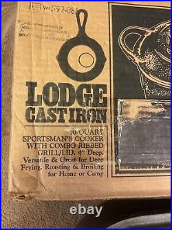 Rare Lodge Sportsman Cast Iron Sportsman Cooker #404 With Ribbed Grill/Lid 10qt