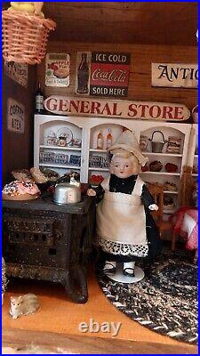 Roombox Vintage Dollhouse General Store With Cast Iron Stove An Bisque Dolls