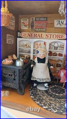 Roombox Vintage Dollhouse General Store With Cast Iron Stove An Bisque Dolls