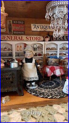 Roombox Vintage Dollhouse General Store With Cast Iron Stove An Bisque Dolls