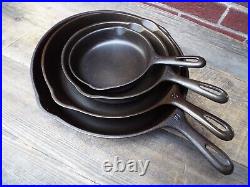 Unmarked Wagner 4 PC Cast Iron Skillet Set #'s 10, 8, 5, & 3, restored