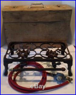 VINTAGE 1920-30's Cast Iron 2 BURNER GAS STOVE Table Top Camping With Wood Box
