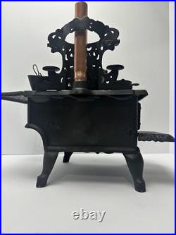 Vintage Crescent Cast Iron Toy Stove Miniature with Accessories Copper Chimney