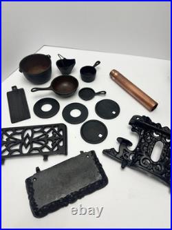 Vintage Crescent Cast Iron Toy Stove Miniature with Accessories Copper Chimney