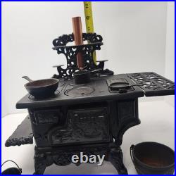 Vintage Crescent Cast Iron Toy Stove Miniature with Accessories Copper Chimney