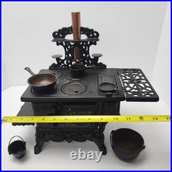 Vintage Crescent Cast Iron Toy Stove Miniature with Accessories Copper Chimney