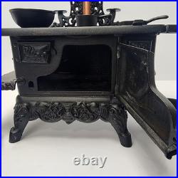 Vintage Crescent Cast Iron Toy Stove Miniature with Accessories Copper Chimney