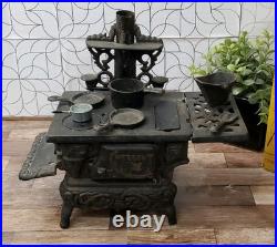Vintage Crescent Co. Miniature Cast Iron Toy Stove Display With Accessories