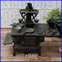 Vintage Crescent Co. Miniature Cast Iron Toy Stove Display With Accessories