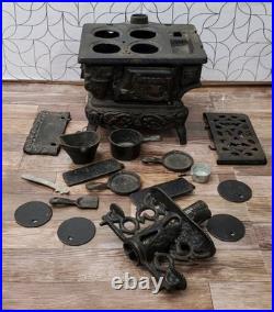 Vintage Crescent Co. Miniature Cast Iron Toy Stove Display With Accessories