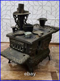 Vintage Crescent Co. Miniature Cast Iron Toy Stove Display With Accessories