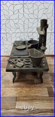 Vintage Crescent Co. Miniature Cast Iron Toy Stove Display With Accessories