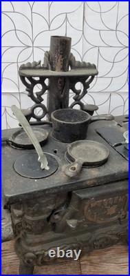 Vintage Crescent Co. Miniature Cast Iron Toy Stove Display With Accessories
