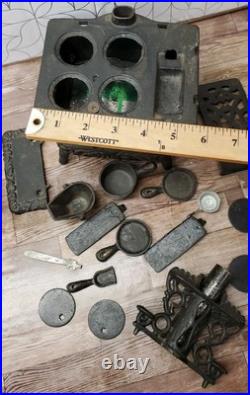 Vintage Crescent Co. Miniature Cast Iron Toy Stove Display With Accessories