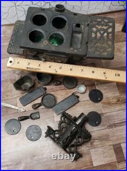Vintage Crescent Co. Miniature Cast Iron Toy Stove Display With Accessories