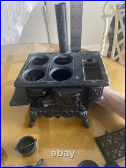 Vintage Crescent Mini Cast Iron Stove Toy Salesman Sampler With Accessories