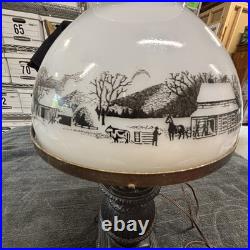 Vintage Currier and Ives Cast Iron Stove Electric Table Lamp Milk Glass Black