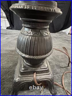 Vintage Currier and Ives Cast Iron Stove Electric Table Lamp Milk Glass Black