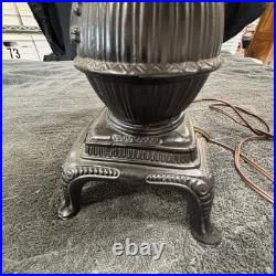 Vintage Currier and Ives Cast Iron Stove Electric Table Lamp Milk Glass Black