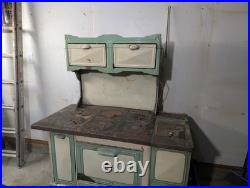 Vintage Enamel Cast Iron Wood Cooking Stove, Green/White, Freestanding Storage