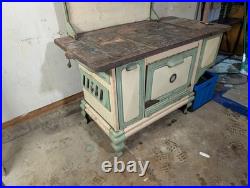 Vintage Enamel Cast Iron Wood Cooking Stove, Green/White, Freestanding Storage