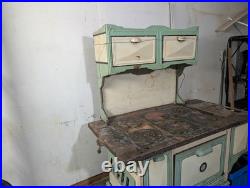 Vintage Enamel Cast Iron Wood Cooking Stove, Green/White, Freestanding Storage