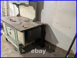 Vintage Enamel Cast Iron Wood Cooking Stove, Green/White, Freestanding Storage