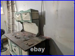 Vintage Enamel Cast Iron Wood Cooking Stove, Green/White, Freestanding Storage