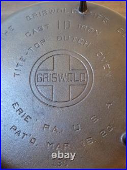 Vintage No. 10 Griswold Cast Iron Tite Top 3 Footed Dutch Oven 310A With Lid