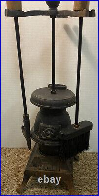 Vintage Pot Belly Stove Fireplace Hearth Cast Iron Like Tool Set Brush Poker