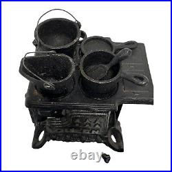 Vintage Queen Brand Small Mini Wood Burning Replica Cast Iron Stove & Pots/Pan