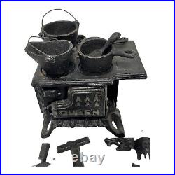 Vintage Queen Brand Small Mini Wood Burning Replica Cast Iron Stove & Pots/Pan