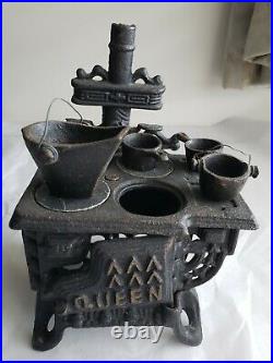 Vintage Small Mini Queen Brand Wood Burning Replica Cast Iron Stove