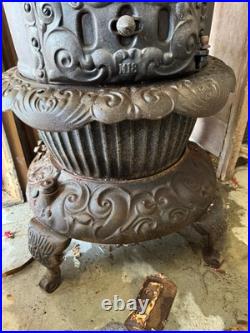 Vtg Cast Iron Wood Stove Round Oak Stove Estate of P. D. Beckwith Dowagiac M18