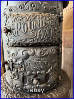 Vtg Cast Iron Wood Stove Round Oak Stove Estate of P. D. Beckwith Dowagiac M18