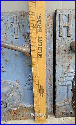 Vtg FISHER Cast Iron Embossed Graphic Stove Doors Rustic Decor Orig Blue Paint
